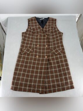Vintage Lorianna Brown Plaid Mini Vest Dress Sz 16